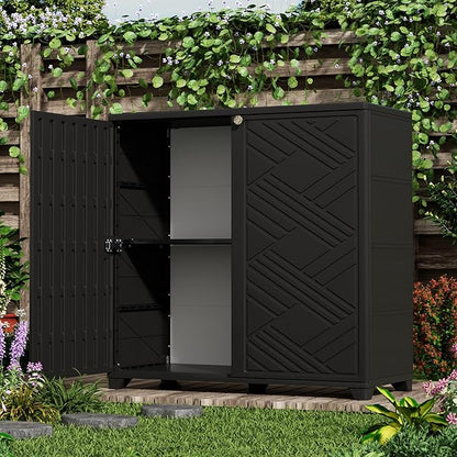 ADDOK Indoor Outdoor Plastic Storage Cabinet 34"x15"x34" with 1 Shelf, Outdoor Storage Shed for Living Room, Hallway, Balcony, Garage, Garden,Black