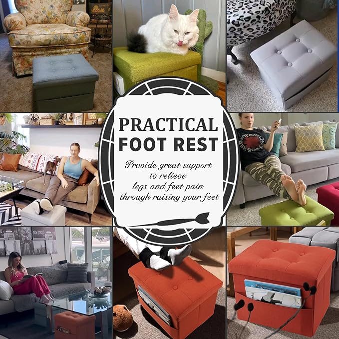 LINMAGCO Storage Ottoman Folding Foot Stool Foot Rest with Side Pocket Modern Ottoman with Storage Short Sofa Stool Linen Cloth 17x13x13(Black)