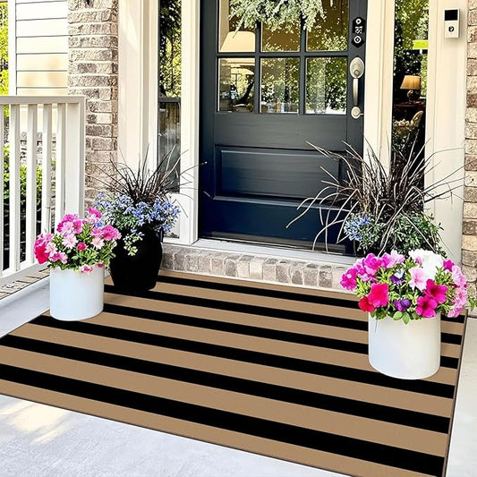 Outdoor Rug, Brown and Tan Striped Door Mat, 3 x 5 Ft, Machine Washable