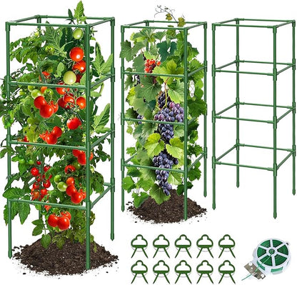 3 Pack Square Tomato Cages for Garden, 42 Inches Heavy Duty Metal Tomatoes Cages Plant Support Stakes Trellis with Clips for Climbing Plants Vegetables Flowers Fruits