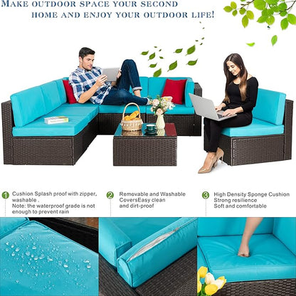 Vongrasig 7 Pieces Outdoor Patio Furniture Sets, Outdoor Sectional Rattan Sofa, PE Manual Weaving Wicker Patio Conversation Set with Cushion, Glass Table, Red Pillow (Blue)