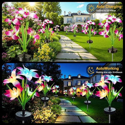 Upgraded Solar Garden Lights, 2 Pack Outdoor Solar Lights, New Round Panel for 40-Hour Runtime, Serve as Outdoor & Indoor Decor, 7-Color Changing Flower Lights, Waterproof for Patio Yard Decoration