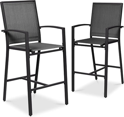 Best Choice Products Outdoor Bar Stools Set of 2, Bar Height, Patio Furniture, All Weather Mesh Design w/Armrest - Black /Black