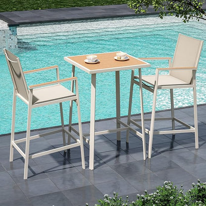 LAUSAINT HOME 3-Piece Patio Bar Set, All Weather Textilene Bar Height Table and Chairs Set with Wood Like-Top Table, Metal Counter Height Bar Stools and Table Set for Garden, Deck, Balcony