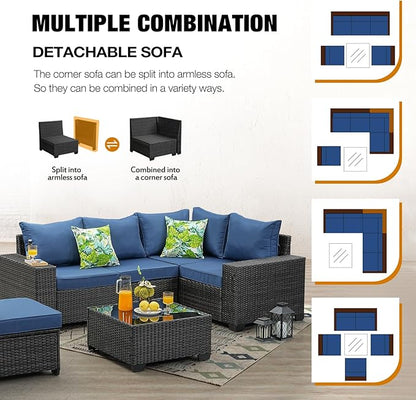 6 Pieces Patio Furniture Set All-Weather Outdoor Wicker Sectional Conversation Sofa Rattan Patio Seating Sofa with Cushion and Glass Table for Porch Poolside,Navy
