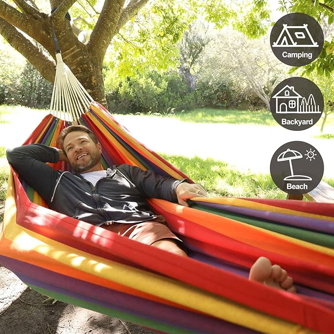 Brazilian Double Hammock with Tree Straps,Extra Large 94x63IN,2 Persons Hammock for Backyard Patio Outdoor and Indoor,450lbs Weight Capacity,Soft Woven Cotton Fabric - Black Stripe