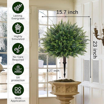 Waipfaru Artificial Plants Outdoor, 23'' Artificial Cedar Topiary with Ground Spike, UV-Resistant Fake Plants Fake Bushes for Outdoor Indoor Garden Front Porch Decor (4Pcs)
