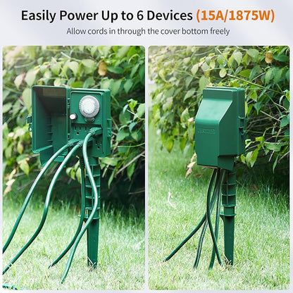 SURAIELEC Outdoor Power Stake, 24-Hour Mechanical Light Timer, Electrical Power Strip Weatherproof, 6FT Extension Cord Multiple Outlet Plug for Patio Lights, Christmas Decorations, Outdoor Light
