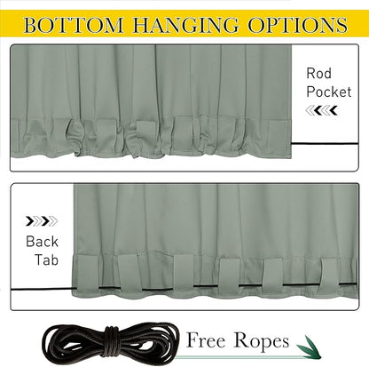 NICETOWN 2 Panels Sage Green Blackout Outdoor Curtains Patio Waterproof, Thermal Insulated Top & Bottom Pocket & Back Tab Windproof Drapes Privacy Soundproof for Pergola with Rope, W52 x L95