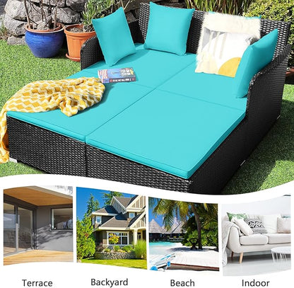 HAPPYGRILL Outdoor Rattan Daybed Patio Loveseat Sofa Set with Padded Cushion Pillows and Sturdy Aluminum Foot, Wicker Patio Furniture for Garden Porch Poolside