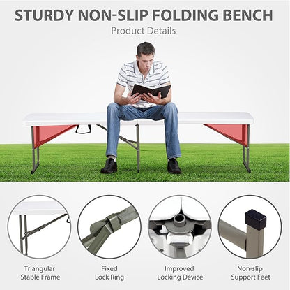 6ft Plastic Folding Bench with Carrying Handle & Lock, Portable Outdoor Bench in Garden Picnic Camping Dining Party Seat, Waterproof Bench for Soccer Activities, Firm and Durable (2Pack C)