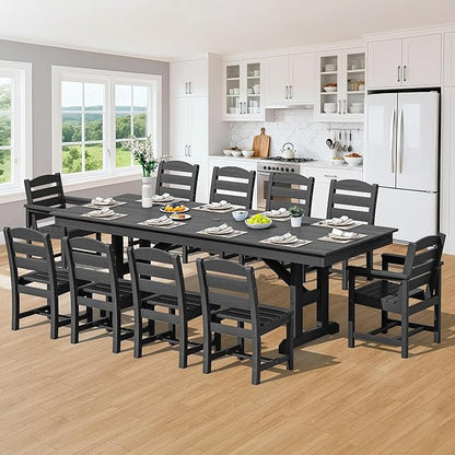 SERWALL 11 Piece Outdoor Dining Set, 84" HDPE Outdoor Table and Chairs for 10，All Weather Patio Furniture Set with Umbrella Hole for Backyard, Garden, Black