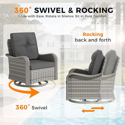 14-Seat Outdoor Wicker Patio Furniture Set with Fire Pit Table, Modular Rattan Sectional Sofa & 2 Swivel Rocking Chairs, 4" Thick Cushions, Rust-Resistant Frame,Black