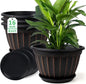 FGstyle 4 Pack 16 inch Plant Pots, Retro Vertical Stripe Planters with Drainage Holes and Saucer, Sturdy Plastic Garden Flower Pots for Indoor & Outdoor Plants(Black)