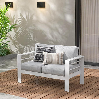 Wisteria Lane Patio Furniture Aluminum Loveseat, All-Weather Outdoor 2 Seats Sofa Couch, White Metal Chair with Light Grey Cushions