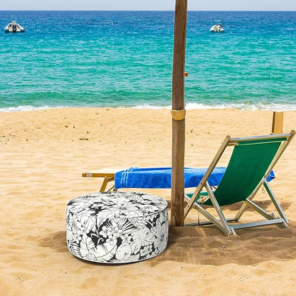 Inflatable Ottoman Stool D21 xH9 for Outdoor/Indoor Use, Water Repellent Patio Foot Rest with Portable Handle,Round Pouf Ottoman Suitable for Garden,Deck and Camping-Tropical Blossom Noir