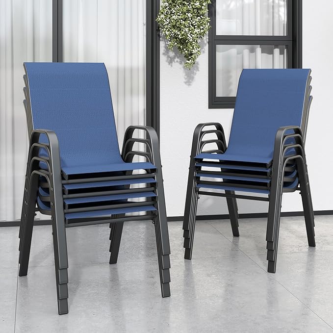 Patio Dining Chairs Set of 8, Stackable Dark Blue Textilene Mesh