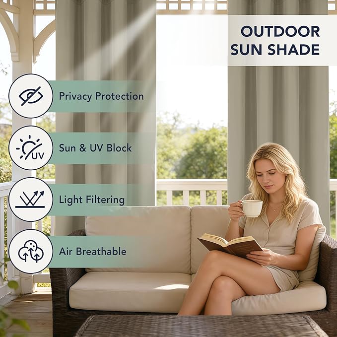 Patio Curtains Outdoor Waterproof - 6 Panels Privacy Weatherproof Outside Curtains with Grommets for Pergola, Gazebo, Porch, Cabana, Balcony, 54 x 95 Inch, Taupe