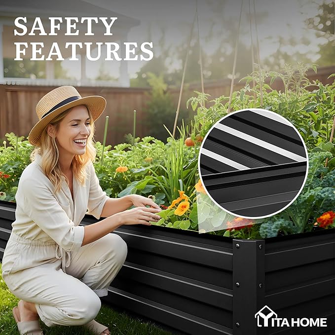 YITAHOME 12x4x1ft Large Raised Garden Bed Kit, Galvanized Metal Planter Box with Gloves, Ground Nails, Support Rod, Outdoor Above Ground Planters for Plants Vegetables Flowers, Black