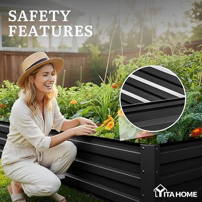 YITAHOME 4pcs 12x4x1 ft Galvanized Raised Garden Bed Kit, Large Metal Planter Box with Gloves, Safety Rubber & Support Rod, Outdoor Flower Bed for Plants Vegetables, Black