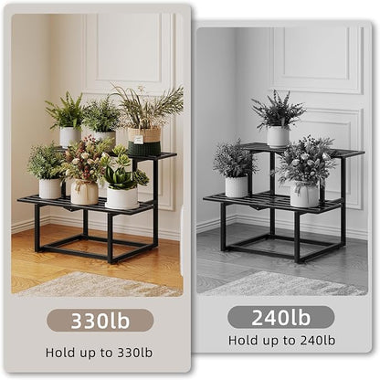 Metal Plant Stand, Foldable Heavy Duty Indoor, Window Iron Plant Shelf - Mid Century Modern Slatted Display for Patio,Garden, Living Room Load Bearing 330 lbs 26" L x 20.2" H x 17.7" W2 Tier Black