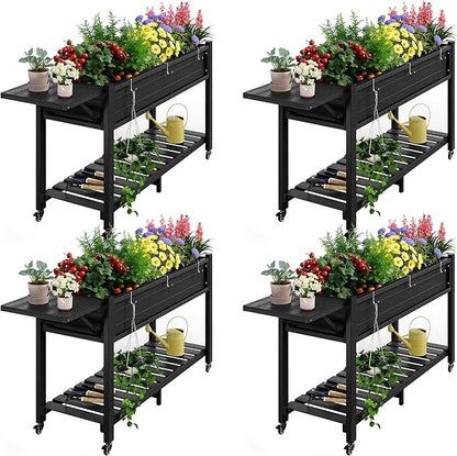 YEFU Raised Garden Bed with Legs: 57x18x30in Elevated Poly Planter with Wheels,Waterproof Mobile Raised Bed Garden, Elevated Planter Box Stand with Storage Shelf,For Deck,Patio,Porch,Yard (Black,4pcs)