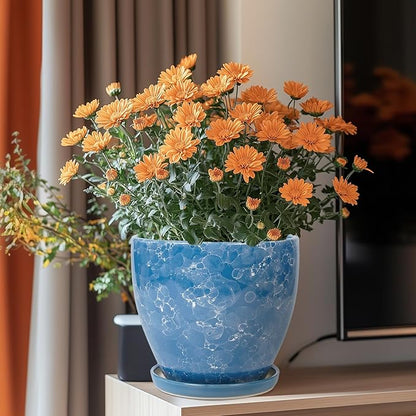 8 Inch Plant Pot - Ceraimc Planter for Indoor Outdoor Plants, Round Flower Pot with Drainage and Saucer, Decorative Planter, Porch Room Office House Decor, Gardening Gifts for Women, Blue