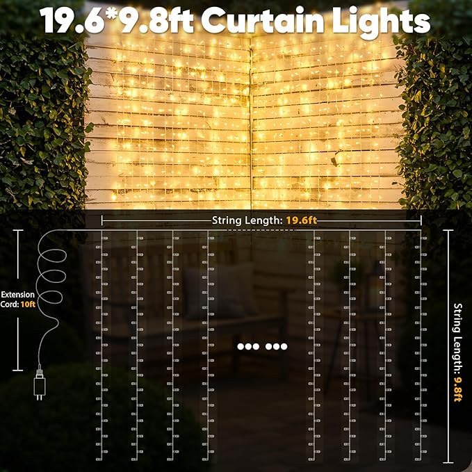 String Curtain Lights, 600 LED Warm White, 19.6 x 9.8 ft