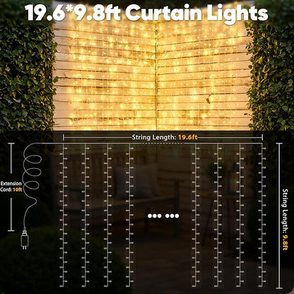 String Curtain Lights, 600 LED Warm White, 19.6 x 9.8 ft