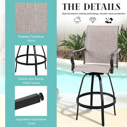 Vongrasig 4 Piece Patio Swivel Bar Chairs, All Weather Metal Textile High Swivel Bar Stools Chairs, Outdoor High Top Bistro Set for Backyard, Lawn Garden, Balcony, Taupe