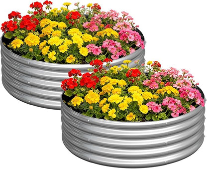 zizin 2 Pcs Round 4x4x1ft Raised Garden Bed Kit Metal Planter Box for Planting Vegetables, Silver