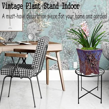 Plant Stand, 15'' Tall Indoor Outdoor Set of 1, Retro Design Round, Rust-Proof Coated Metal Pot Stand for Flowers, Patio Garden Home Decor - Black