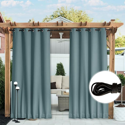NICETOWN Outdoor Curtains for Patio Waterproof 108 inches Long 2 Panels, Windproof Thermal Insulated Top & Bottom Grommet/Back Tab Privacy Drapes with Rope for Fixed, Greyish Blue, W52 x L108