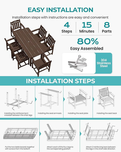Outdoor Rectangle Dining Table, Heavy-Duty HDPE Table for 6, Weatherproof Patio Table with Umbrella Hole, Rounded Corners for Safety, Brown