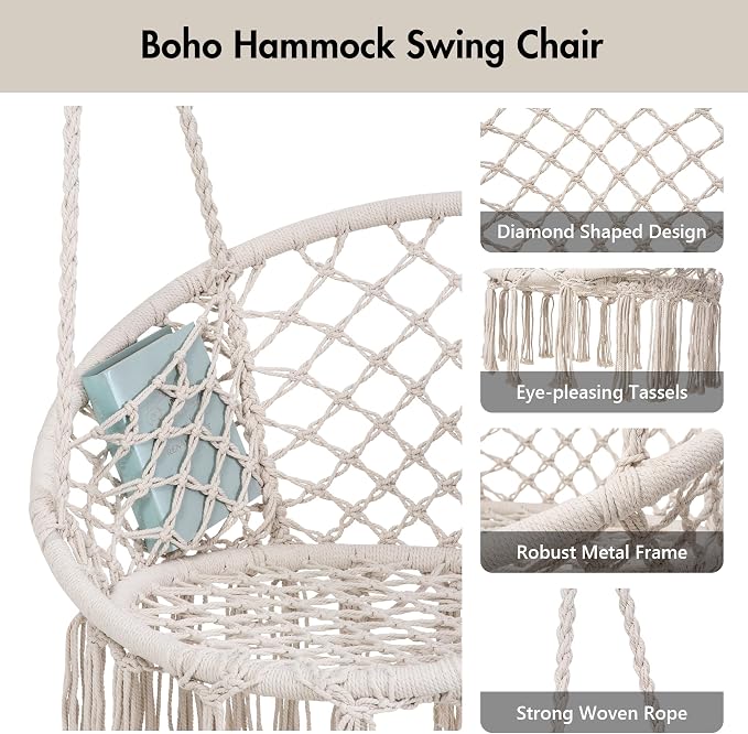 Hammock Chair with Steel Stand, Cushion and Side Pocket, 400 lb Capacity