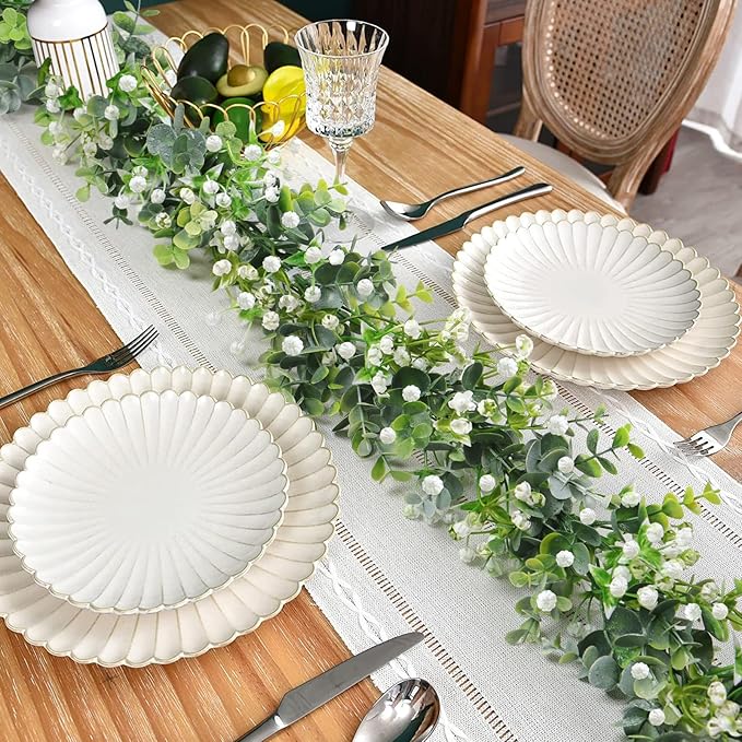 Artificial Plants Greenery Garland, 4 Pack Green Eucalyptus with White Flowers
