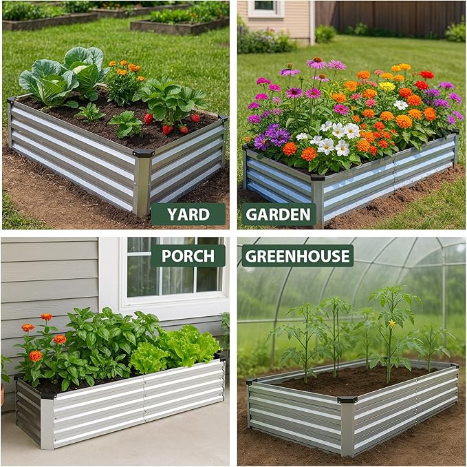 2 Pack 8x4x1FT Galvanized Metal Raised Garden Bed Kit for Vegetables, Herbs, Open-Bottom Large Capacity Outdoor Planter Box Gardening Stakes, Silver