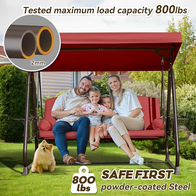 3 in 1 Outdoor Porch Swing with Adjustable Canopy, 3 Seat Outdoor Swing for Adults, Patio Swing Chair with Thickened Cushions,Pillows & Cup Holders for Backyard, Porch, Garden (Wine Red)