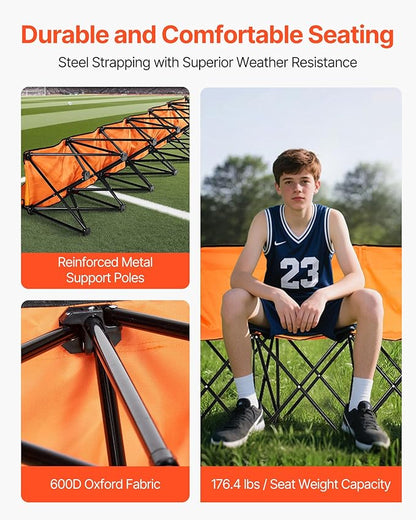VEVOR Portable Folding Bench, 6 Seat Foldable Soccer Bench with Side Pockets and Carrying Bag, Lightweight Sideline Seating with Back Rest for Football, Baseball, Camping, Outdoor Events, Orange