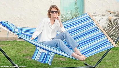 Double Quilted Fabric Tree Hammock with Spreader Bar, 12ft Hammocks 2 Person for Outside, Fits 11ft -13ft Hammock Stand, Large Pillow, Side Pocket & Carabiner, Max 475 lbs Capacity (Ocean Blue)