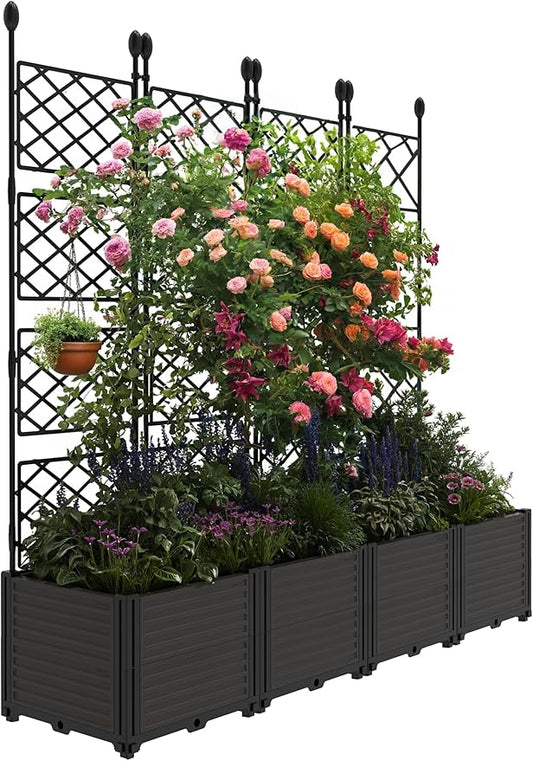 4 PCS Raised Garden Bed with Trellis,63" H Vertical Planter Box with Drainage Holes for Climbing Plants, Patio Privacy Screen & Balcony Garden
