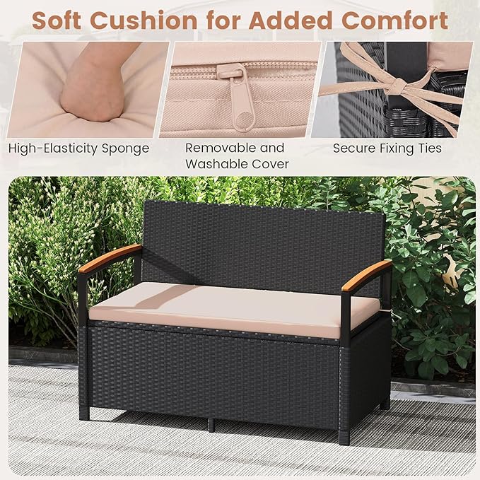 Outdoor Storage Bench 46 Gallon Black Beige PE Rattan Loveseat