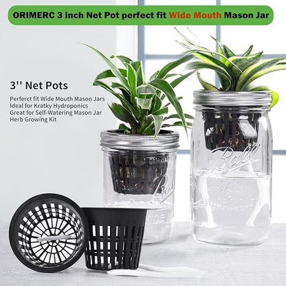 ORIMERC 12 Pack 3 inch Net Cups Pots with 12 feet Hydroponics Self Watering Wick & 12 Plant Labels Aquaponics Mason Jar Bucket Insert Orchid kratky Vegetable Garden Growing Netted Basket Slotted Mesh