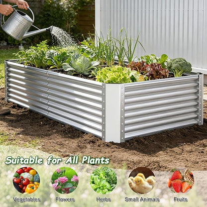 Galvanized Raised Garden Bed Kit Outdoor Patio,8x4x2ft Large Rectangular Metal Planter Boxes,Deep Root Box Planter for Gardening, Vegetables, Flowers, Herbs, 1 Pack, Silver