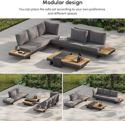 homary 6-Piece Modular Outdoor Sofa Set, Aluminum & Teak Patio Conversation Set with Waterproof Covers, Adjustable Backrests, Fade-Resistant Cushions for Patio or Balcony
