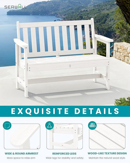 SERWALL Outdoor Bench, HDPE Outdoor Benches Weatherproof, 2-Person Garden Bench with 660 lbs Weight Capacity, Patio Benches for Outdoors, Garden, Porch, Backyard and Park, White