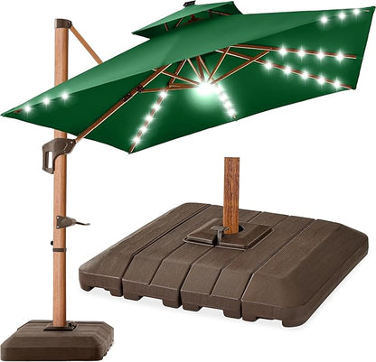 Best Choice Products 10ft Square Cantilever Patio Umbrella w/Base Included, Woodgrain Pattern Pole & Solar LED Lights, 360-Rotation, Offset Hanging Outdoor Shade - Green