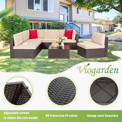 Vongrasig 7 Pieces Patio Furniture Sets, Outdoor Modular Sectional Sofa Patio Conversation Set PE Rattan Wicker Sectional Couch with Cushion, Glass Table for Patio, Garden, Poolside, Beige