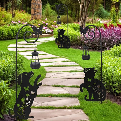 Solar Dog and Cat Lantern Garden Stakes - Outdoor Decorative Solar Lights for Yard, Patio, Pathway - Weatherproof Metal Pet Stake with Auto Night Lighting