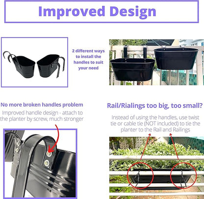 LaLaGreen Outdoor Rail Planter (11.8 Inch, 4 Pack) Black Metal Iron Hanging Flower Pots Deck Railings Fence Buckets Modern Countryside Boho Style Wall Mount Window Box Plant Holder Hooks Porch Decor